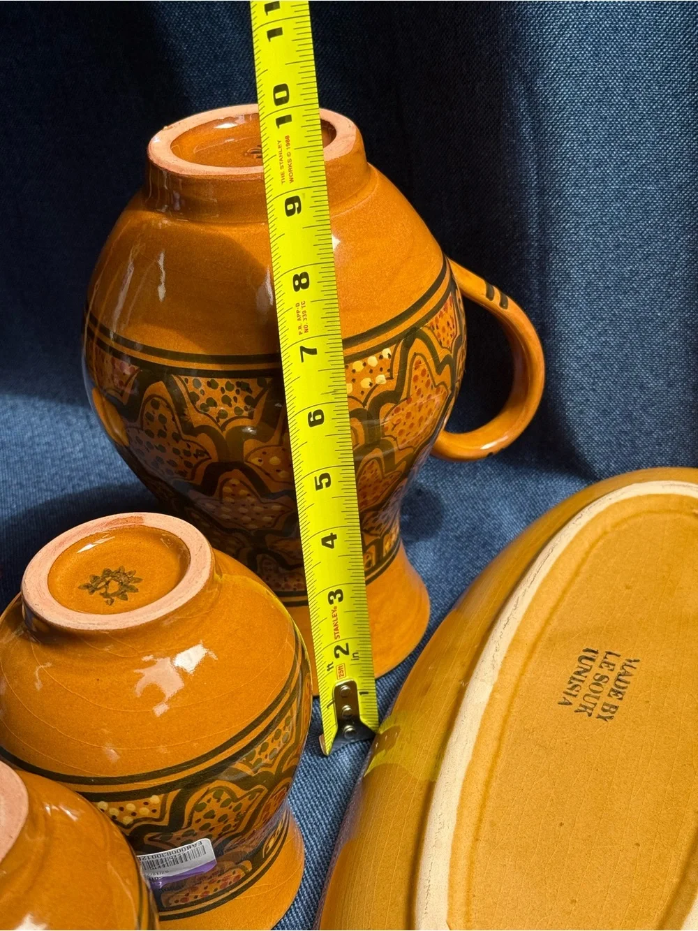 Vintage 1997 Le Souk Tunisia Hand Painted Pottery Espresso Coffee Tea Set 6 Pc